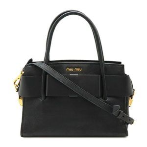 Miu Miu Miu Madras Handbag Shoulder Bag Ribbon Leather Black 5BA055
